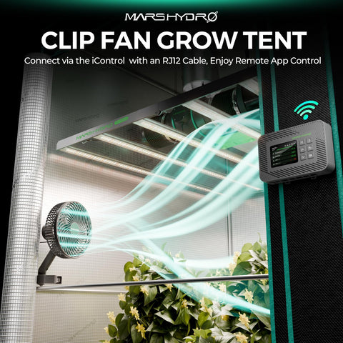 Mars Hydro M6 clip fan provides 350 CFM airflow for even ventilation.