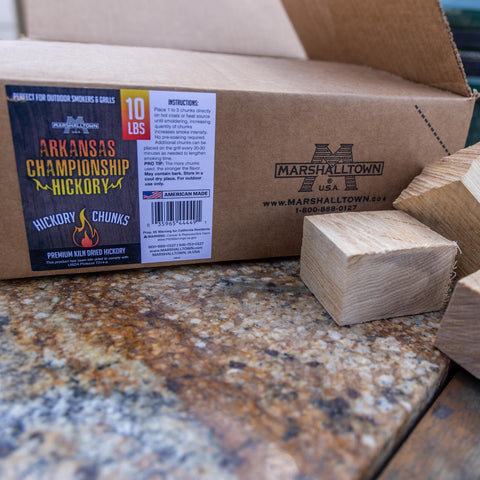 MARSHALLTOWN hickory chunks close-up texture highlighting premium wood