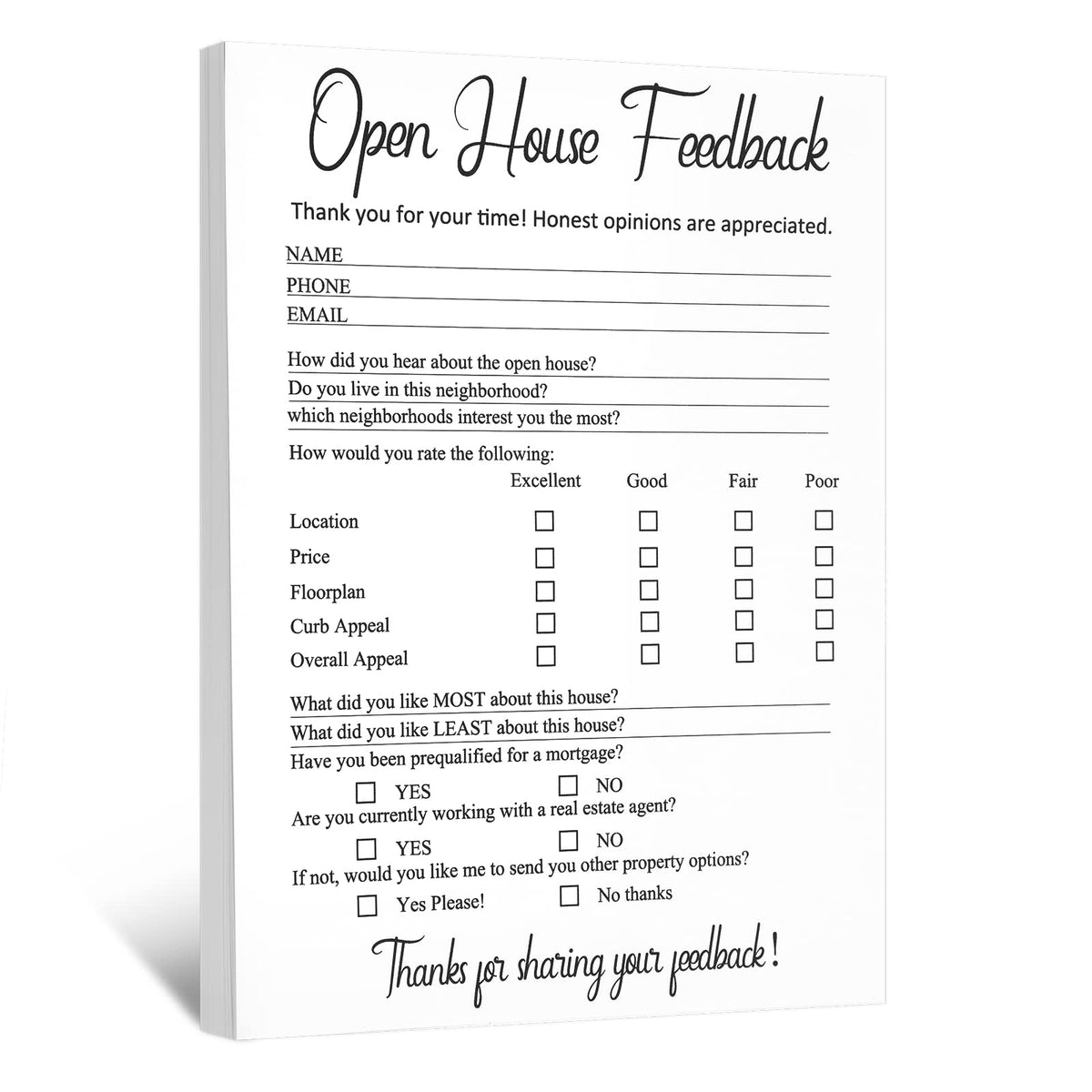 Marspark open house signs 150-piece set for guest feedback and inquiries