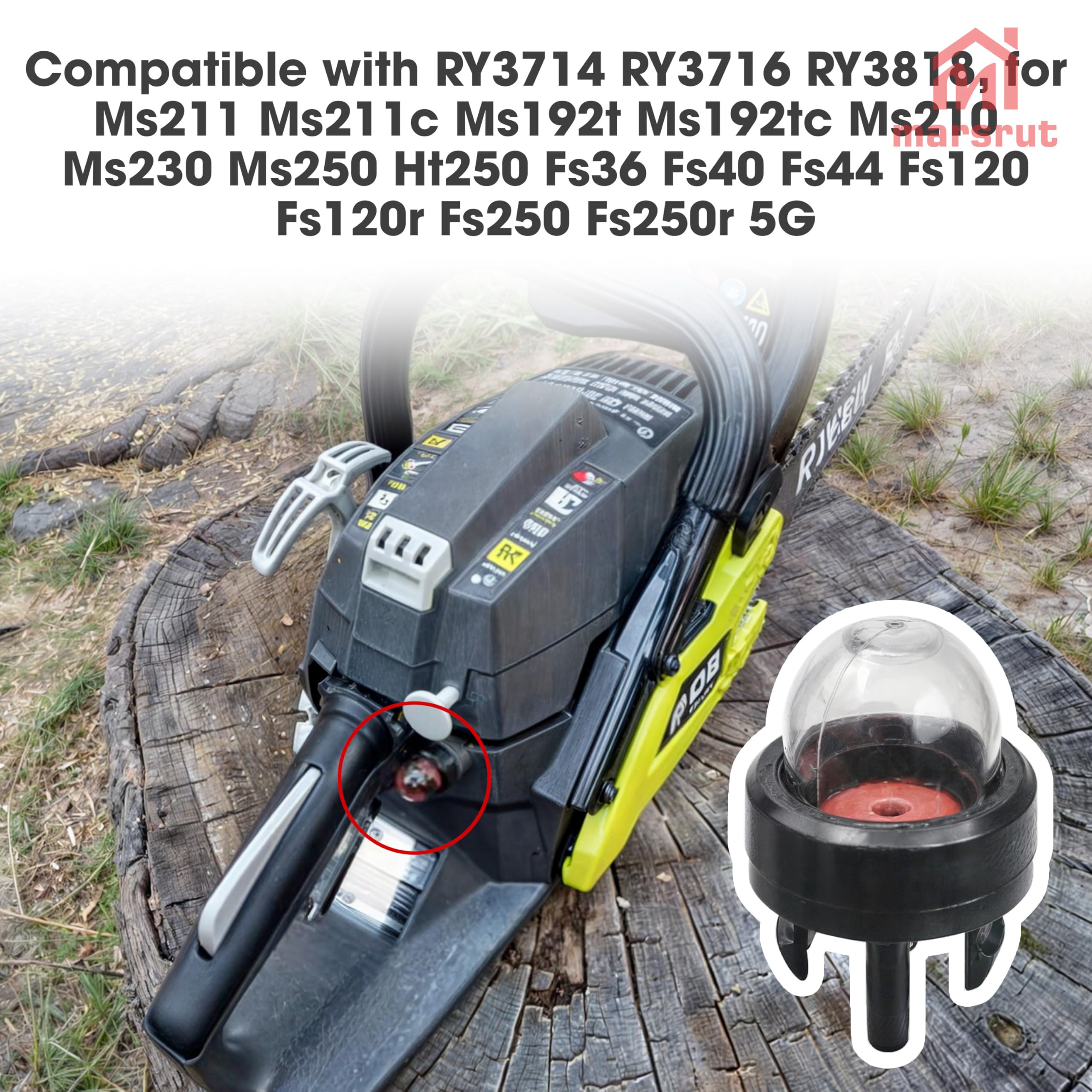 Marsrut primer purge bulb for Stihl Ms211; enhances fuel draw and reduces air pockets.