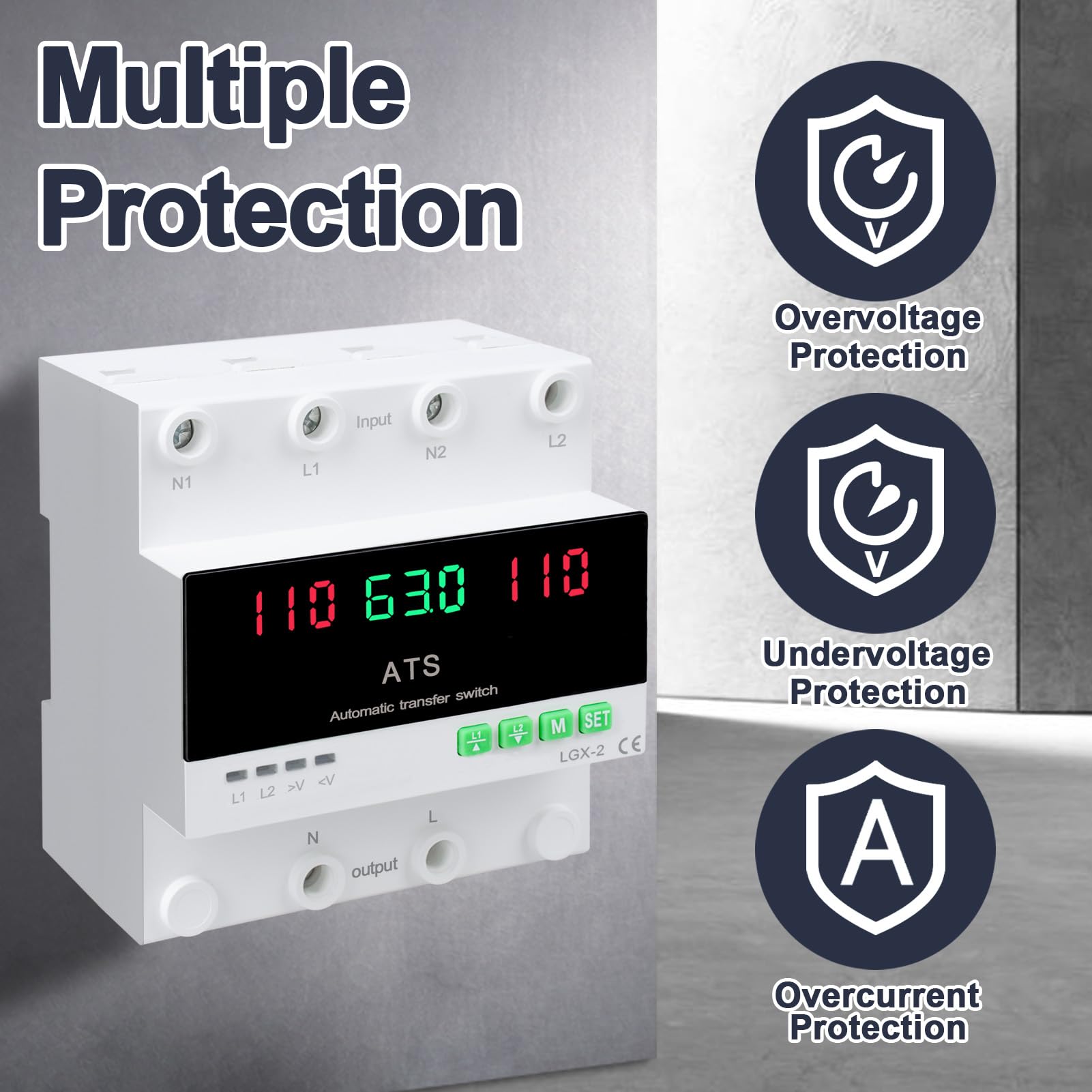 MARSTEK automatic/manual transfer switch mounted on DIN rail for home or RV use
