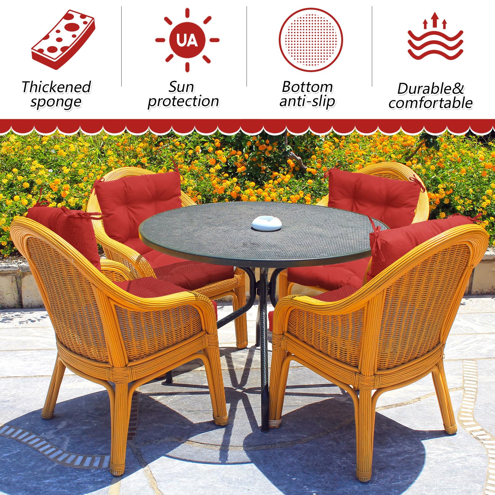Marsui four-piece red cushion set ready for outdoor