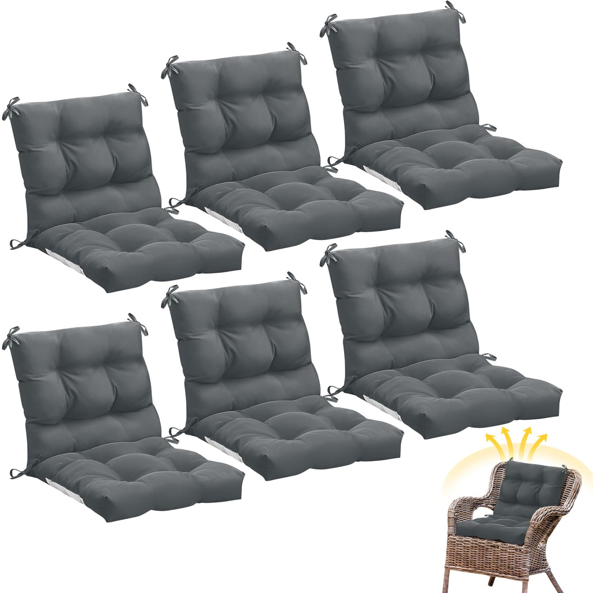 Marsui 6pcs outdoor chair cushions in dark gray add versatile all-weather comfort to patio seating.