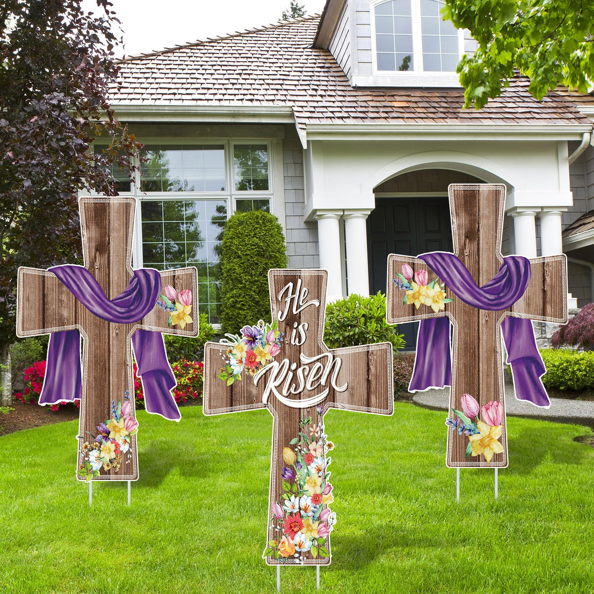 Marsui He Is Risen yard sign with cross motif for outdoor Easter display