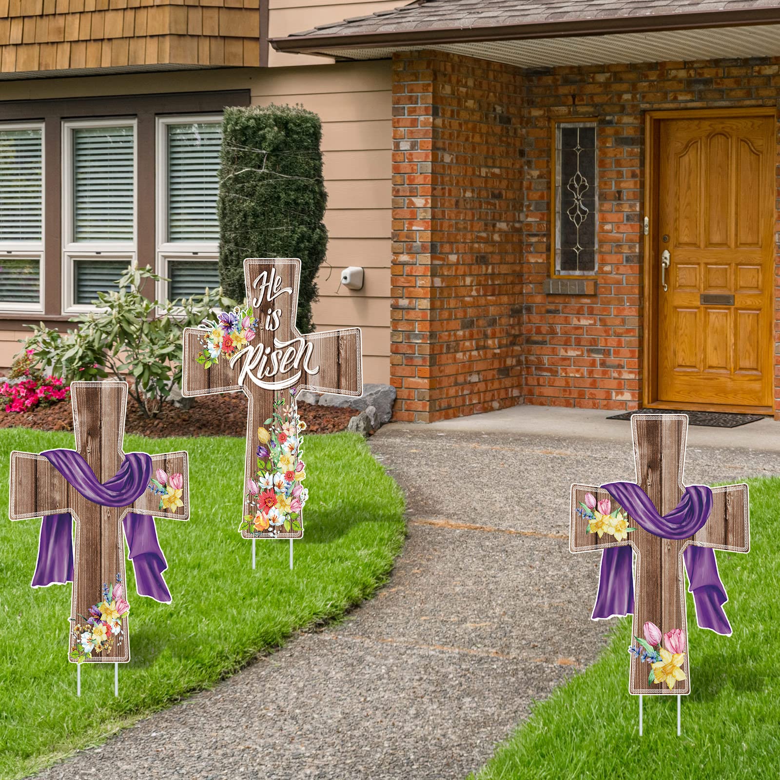 Marsui Easter yard sign set with colorful cross design and stable stakes