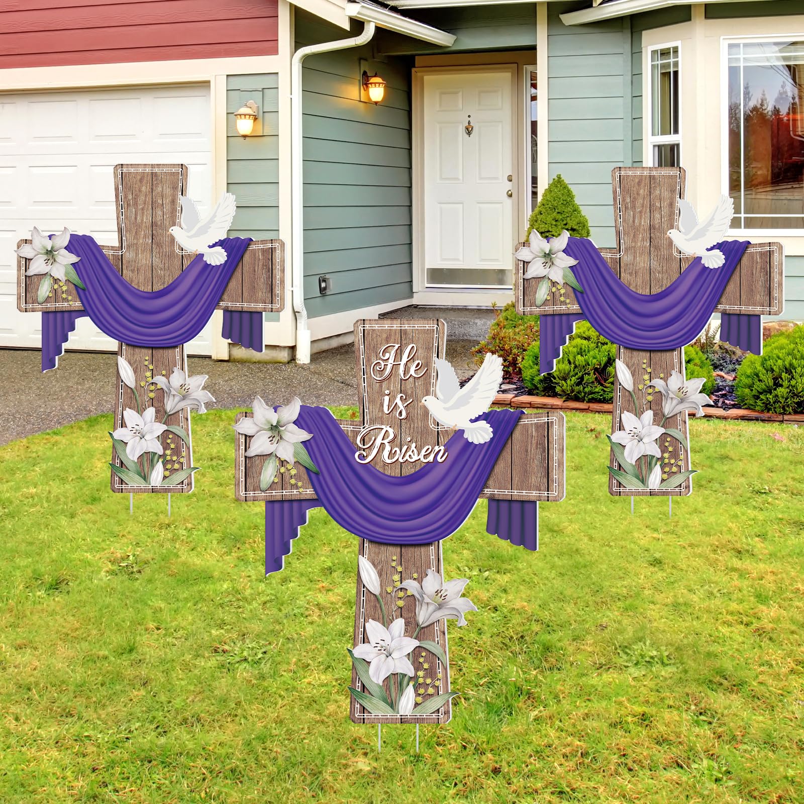 Marsui Easter yard sign with floral cross, vibrant outdoor display.