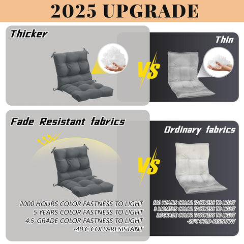 Marsui high-back tufted outdoor cushions provide plush support for rocking chairs.