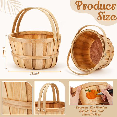 Marsui round wooden fruit basket with handles ideal for garden harvests and market displays