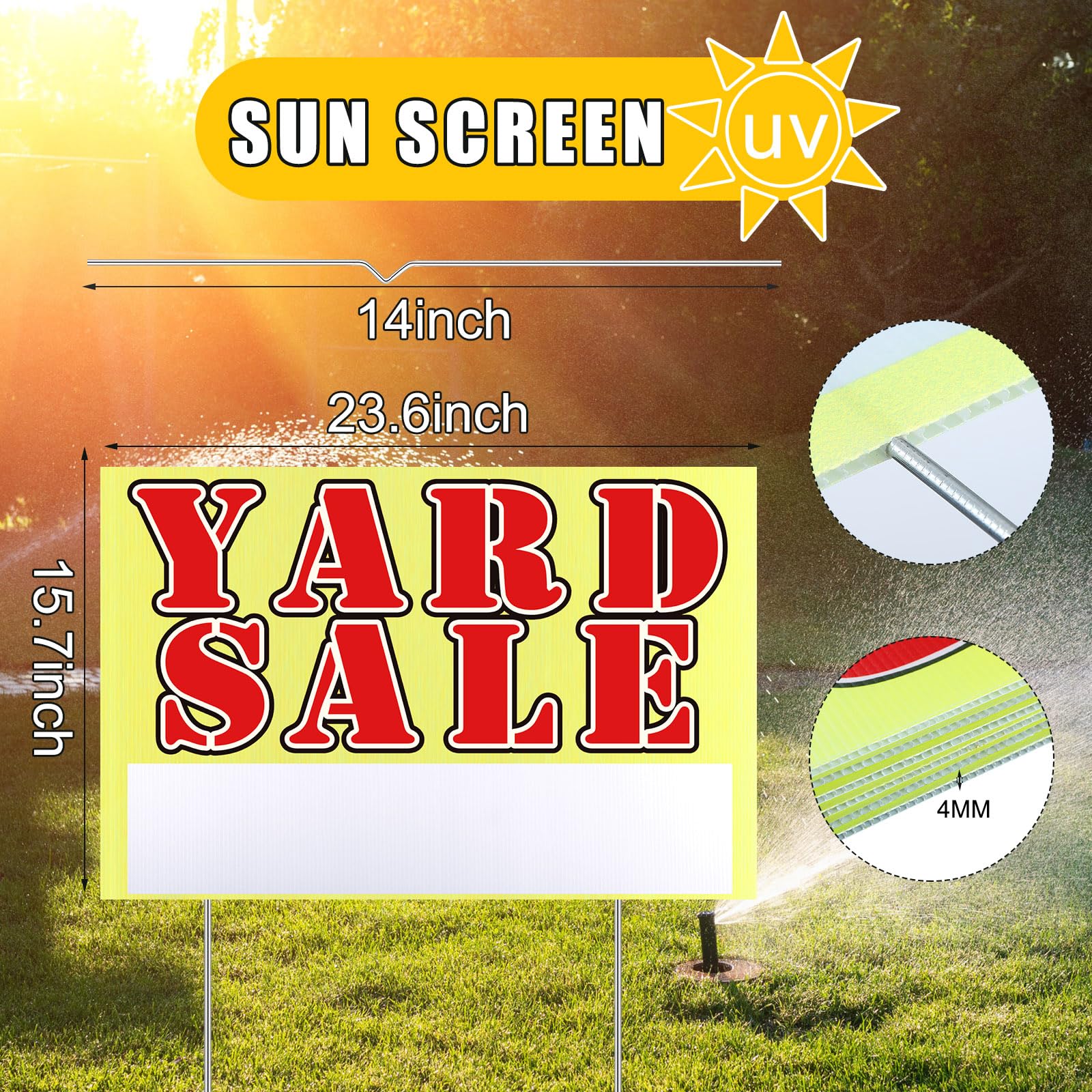 Marsui yard sale sign with stake shows double-sided visibility for nearby buyers.