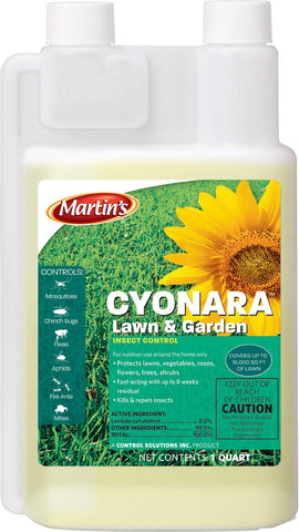Martins Cyonara lawn and garden concentrate bottle pour enables easy application for broad pest control.