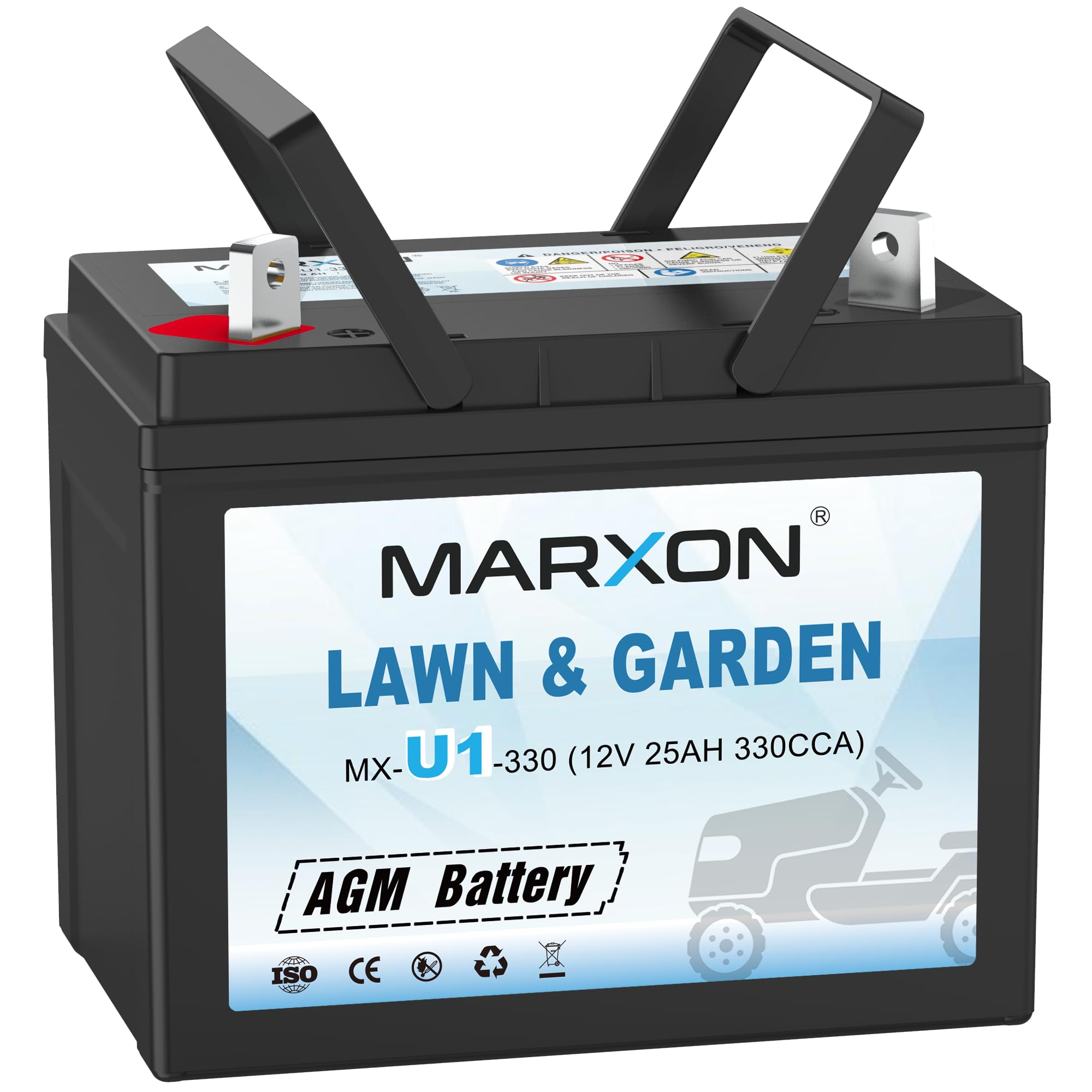 MARXON U1 12V 330CCA battery front view for mower compatibility