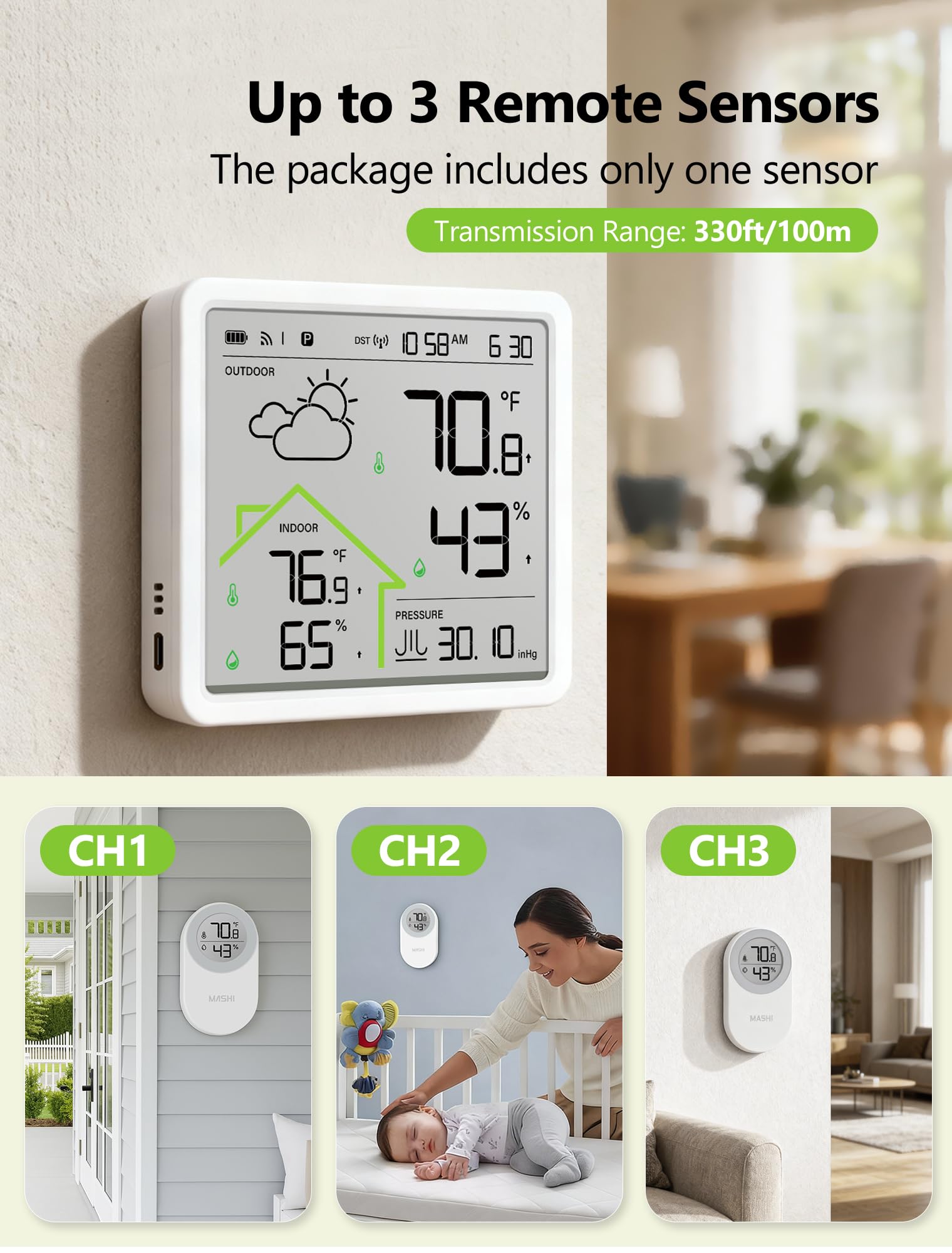 MASHI Weather Station display closeup showing crisp 4.3 inch screen