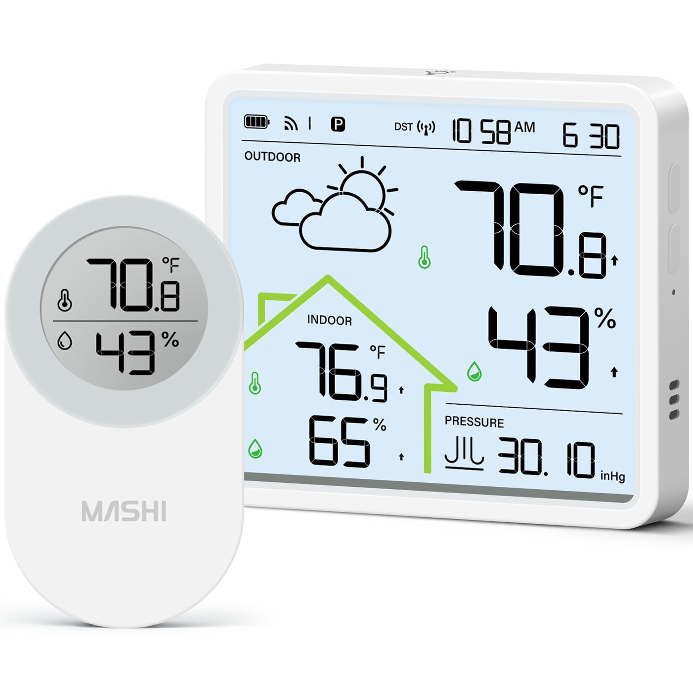 MASHI Rechargeable Weather Station front view with a sleek interface for quick checks