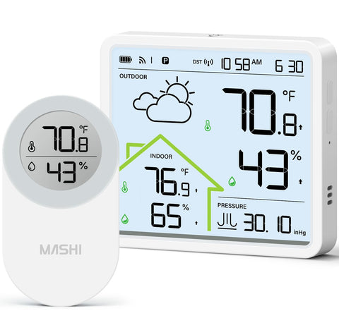 MASHI Rechargeable Weather Station front view with a sleek interface for quick checks