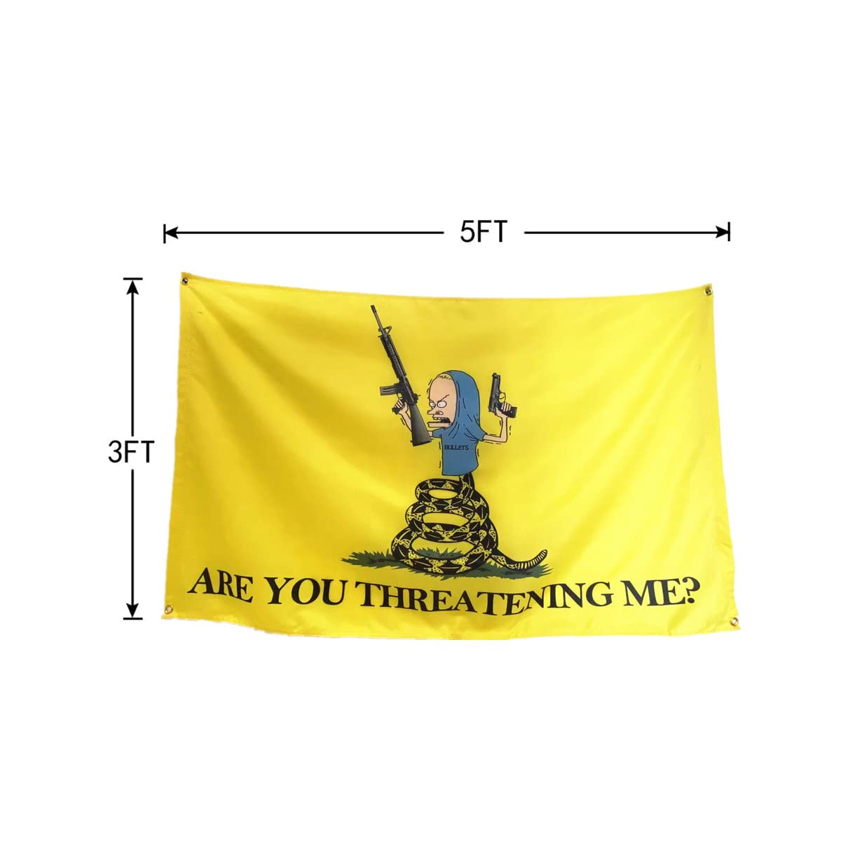 Masquita Are You Threatening Me flag brass grommets ensure lasting outdoor durability.