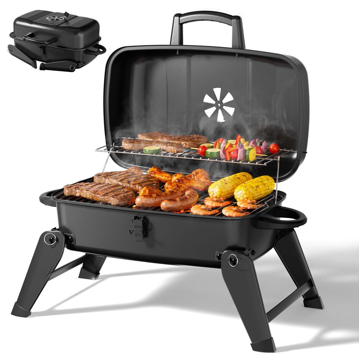MASTER COOK portable charcoal grill with folded legs for compact storage and travel.