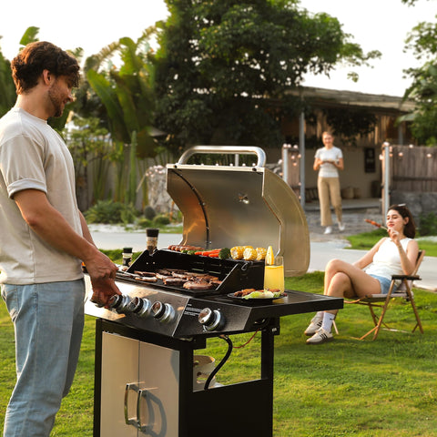 Side burner on MASTER COOK grill offers 12,000 BTU for sauces and sides.