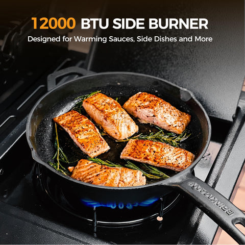 Stable cabinet design with four casters on MASTER COOK grill makes moving easy.