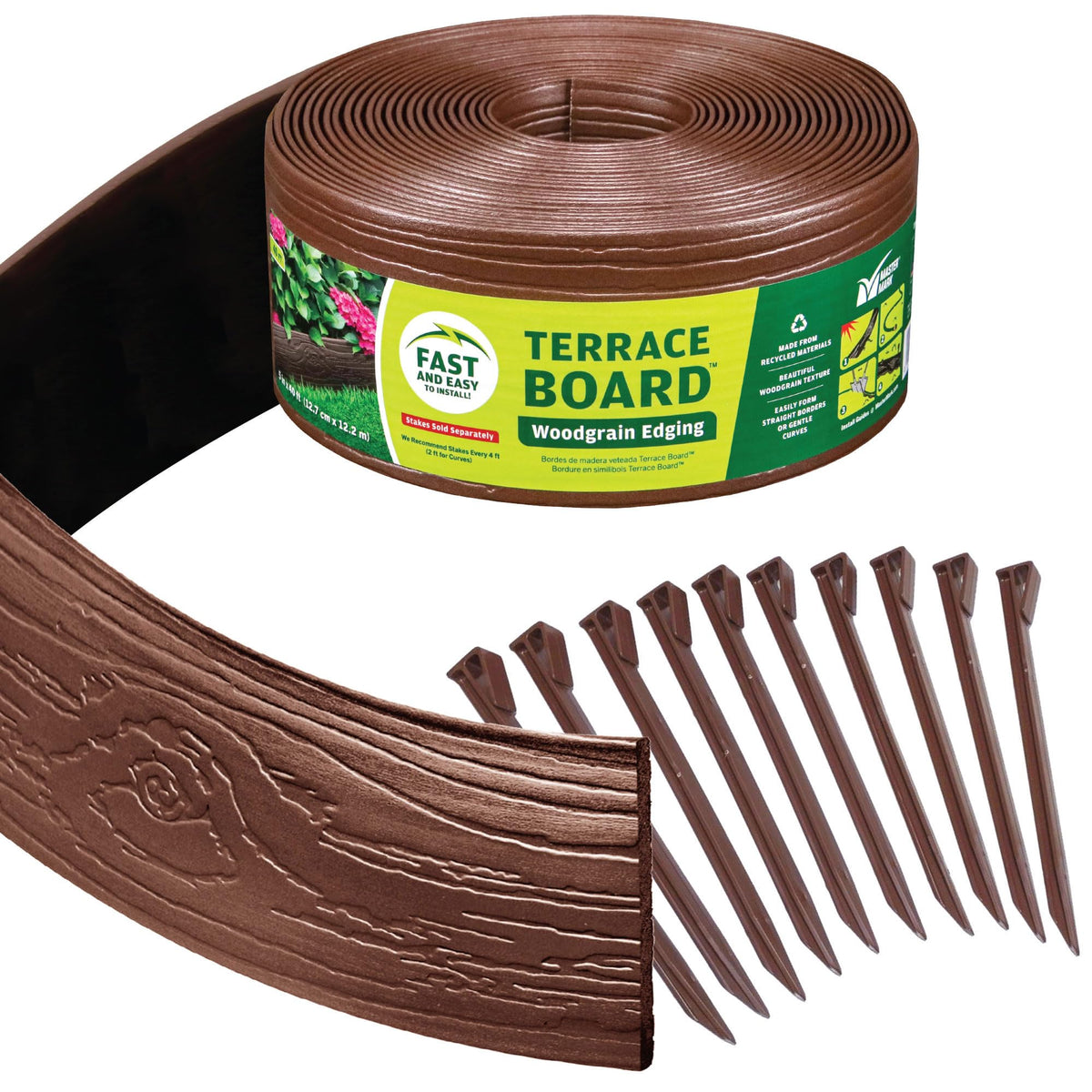 Master Mark landscape edging coil with terrace board for crisp lawn borders.