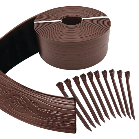 Master Mark Terrace Board Edging with wood-grain texture defines garden borders.