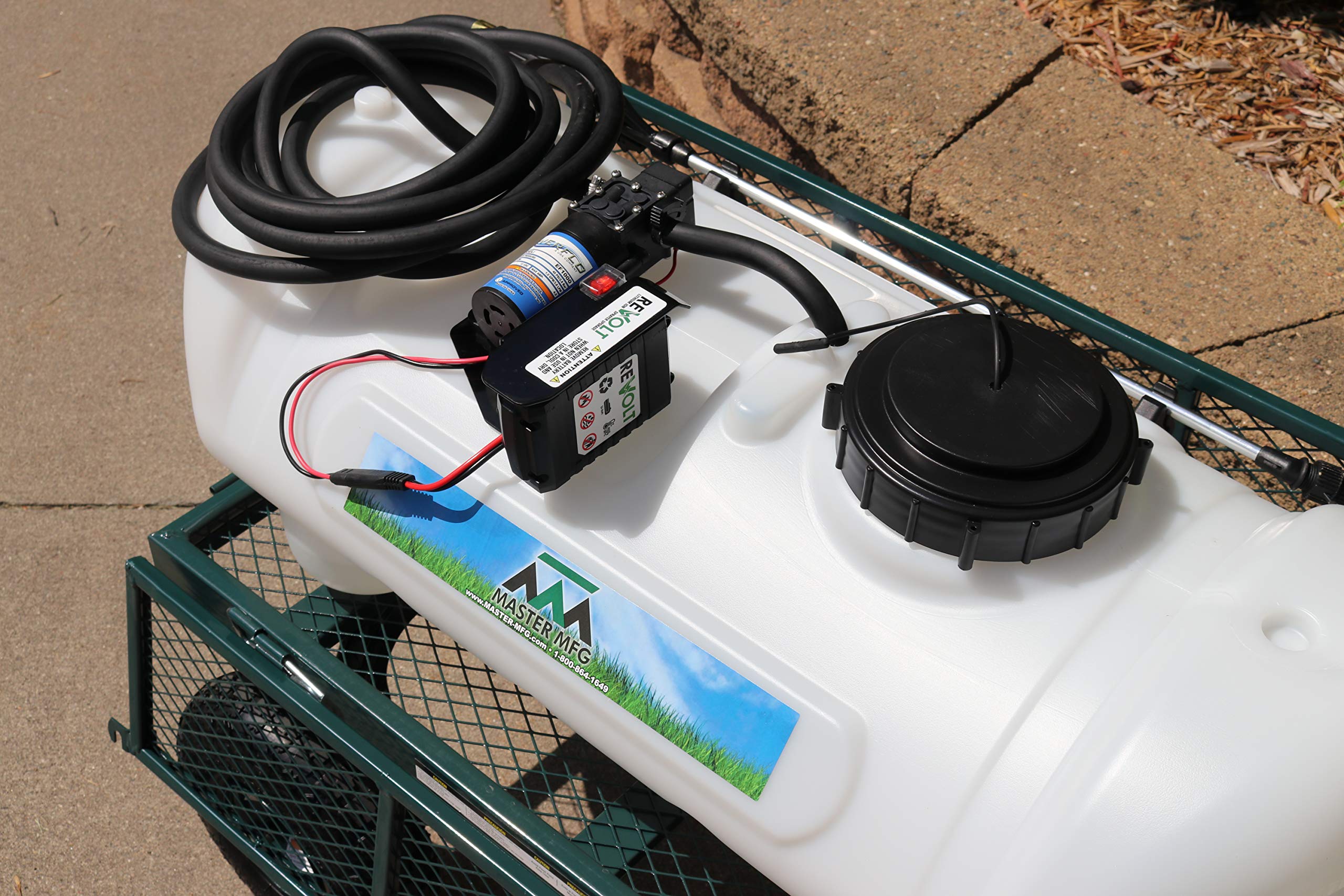 Mounted Revolt battery attached to a sprayer for quick power.