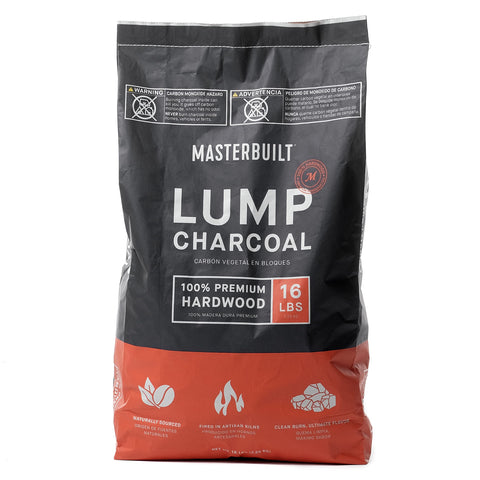 Masterbuilt lump charcoal 16lb pack highlights premium hardwood blend for versatile cooking.