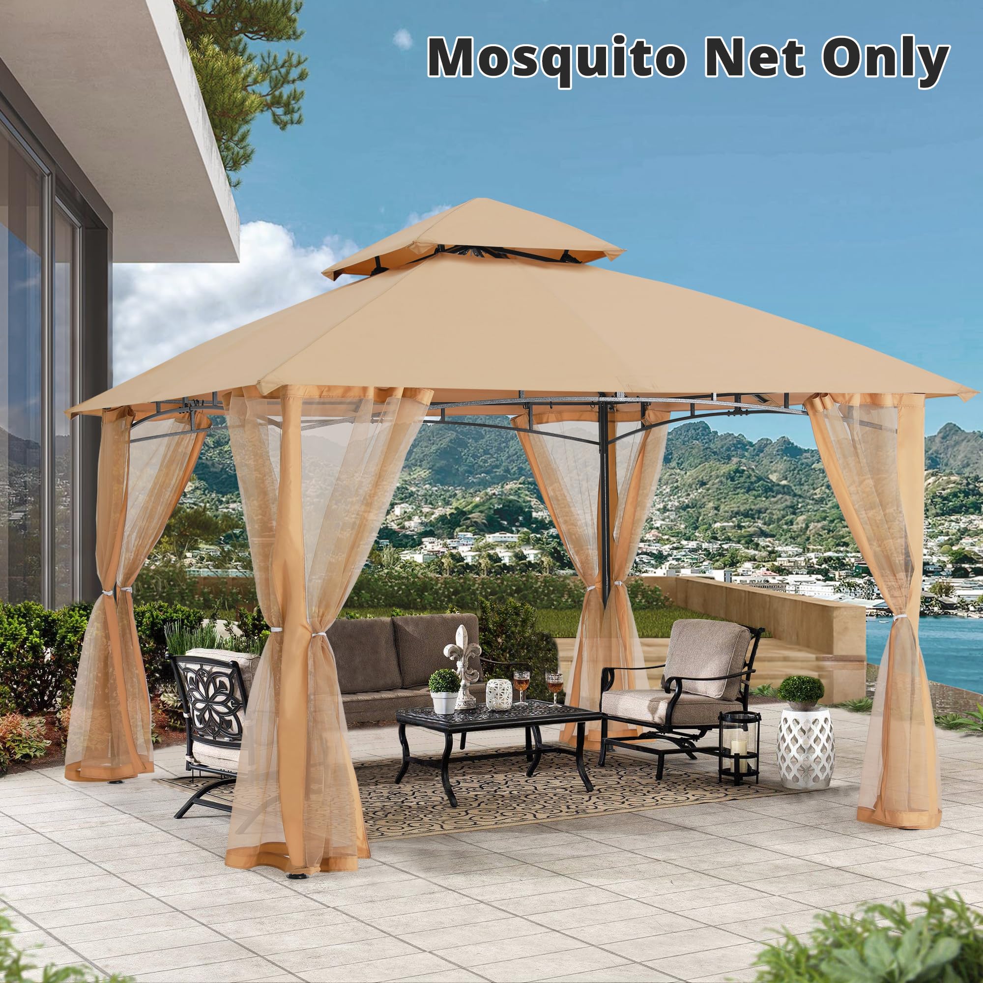 MasterCanopy beige netting walls shown in a cozy outdoor space.