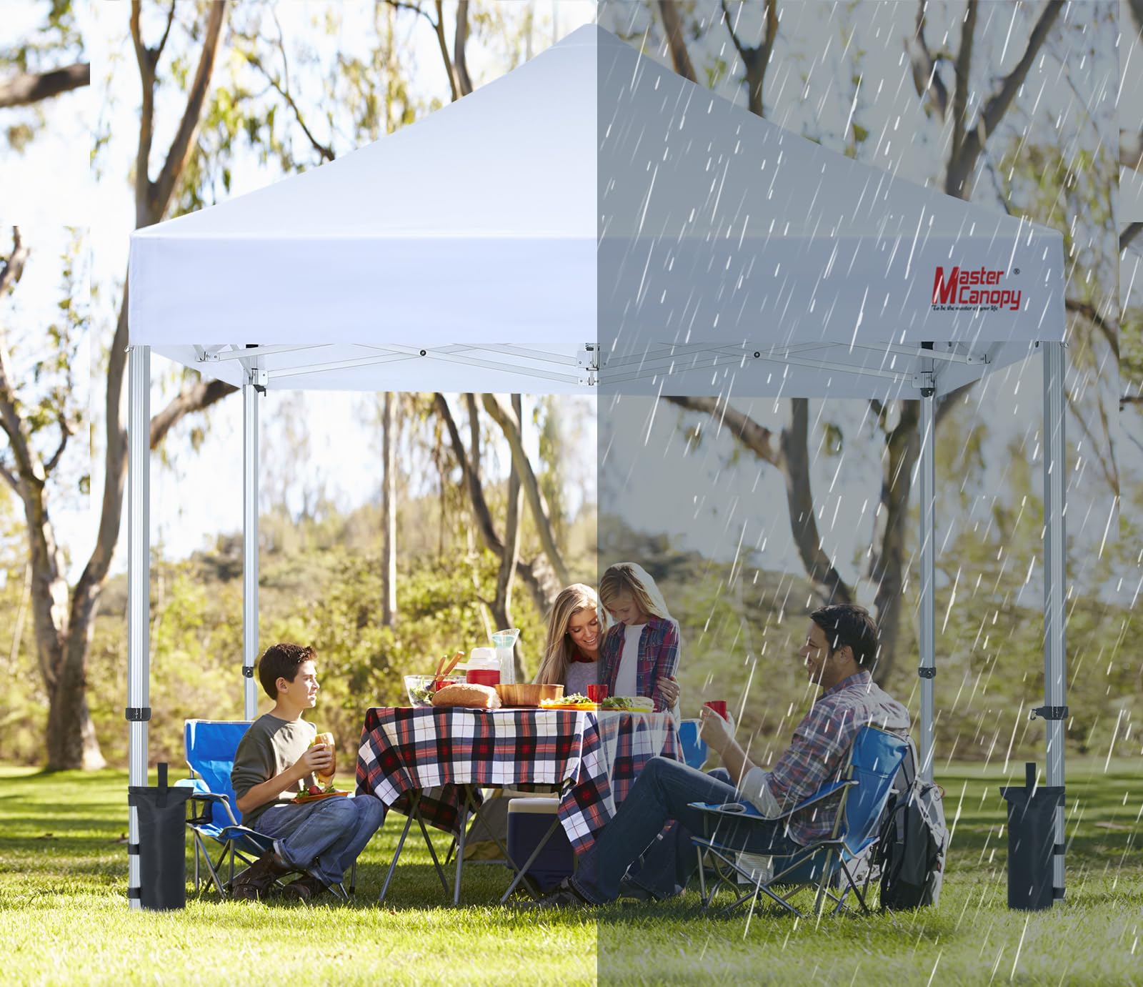 Mastercanopy durable 1680D exterior with PVC-coated interior.
