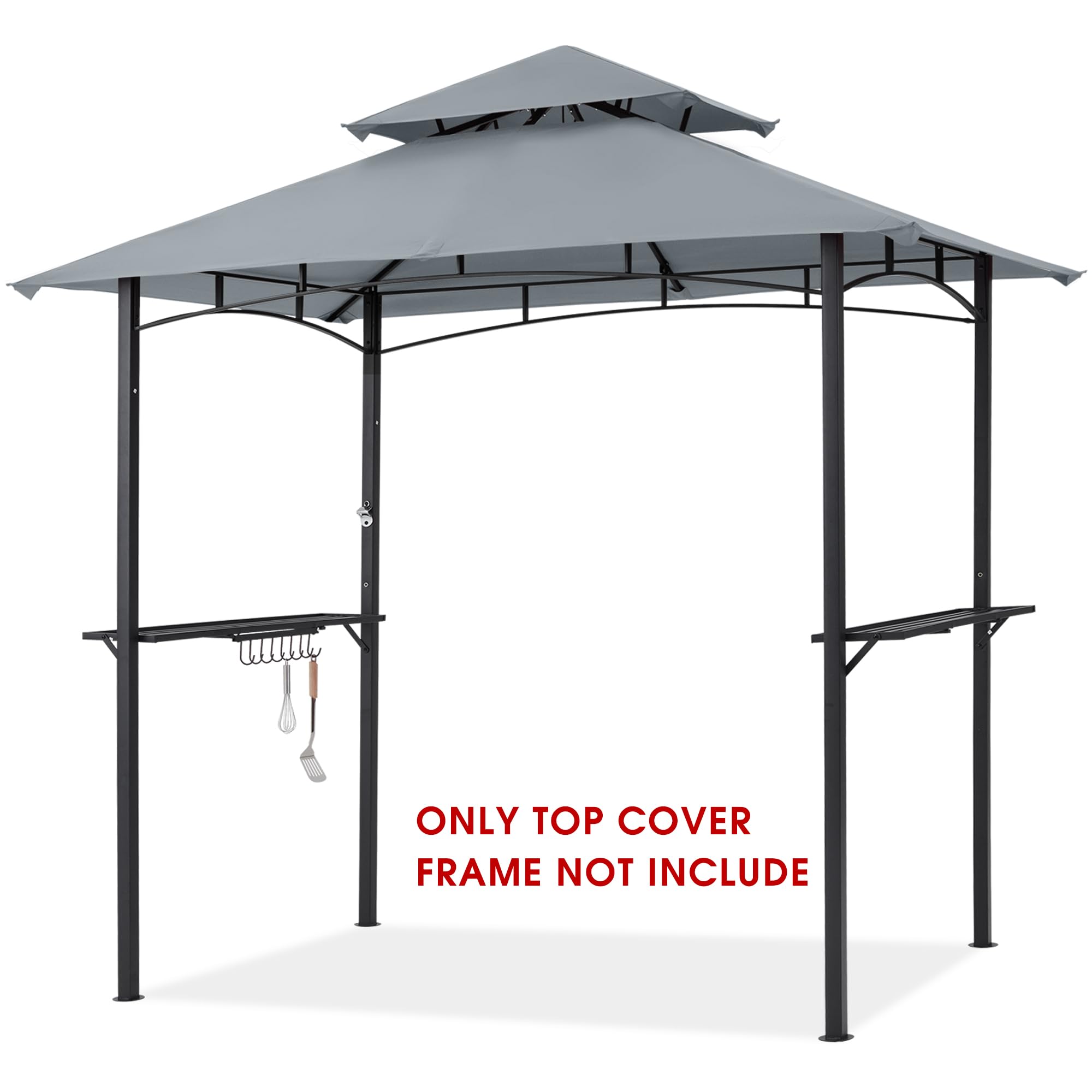 Gray canopy installed over grill gazebo for outdoor dining