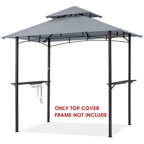 Gray canopy installed over grill gazebo for outdoor dining