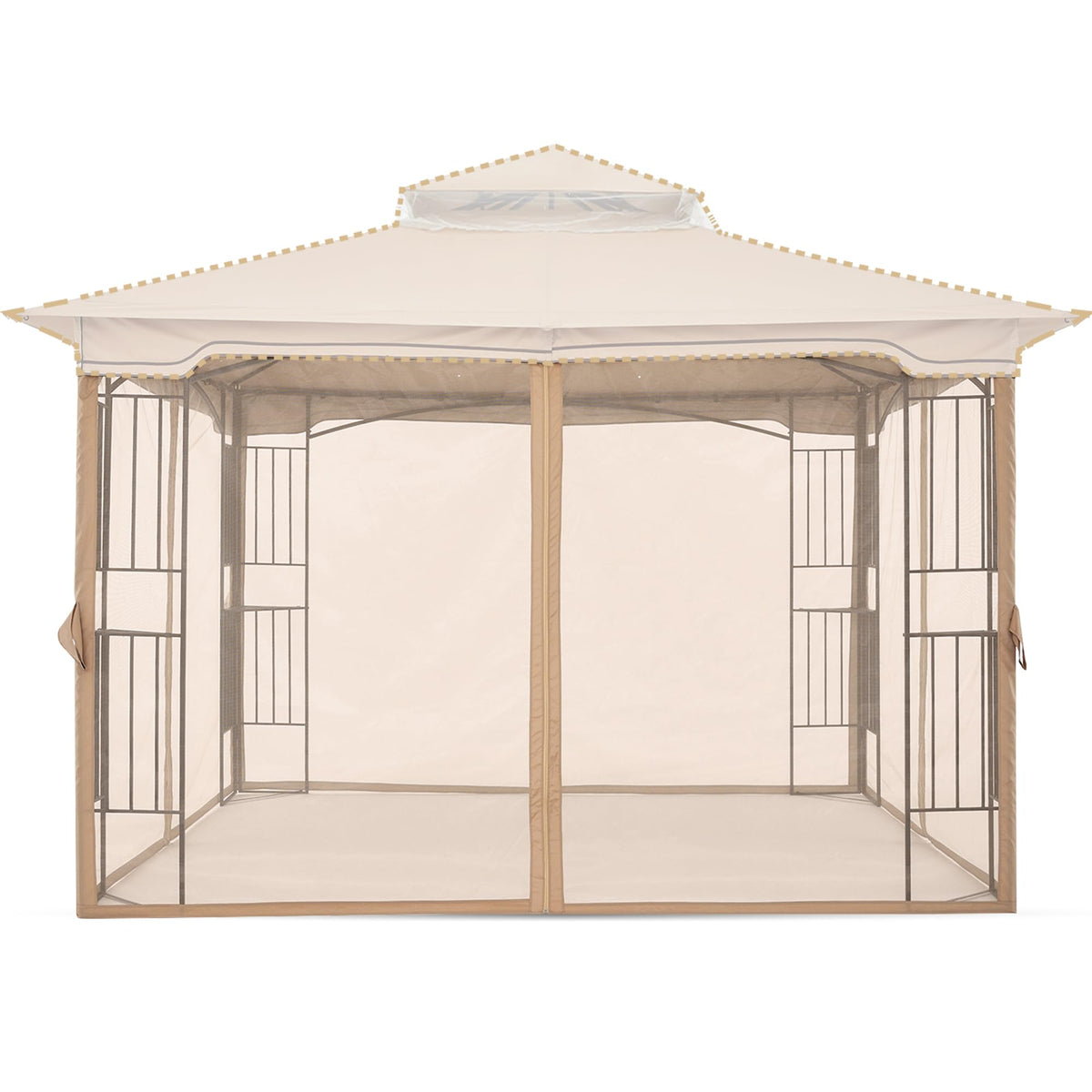 MasterCanopy patio gazebo mosquito netting wall in beige keeps bugs out during outdoor lounging.