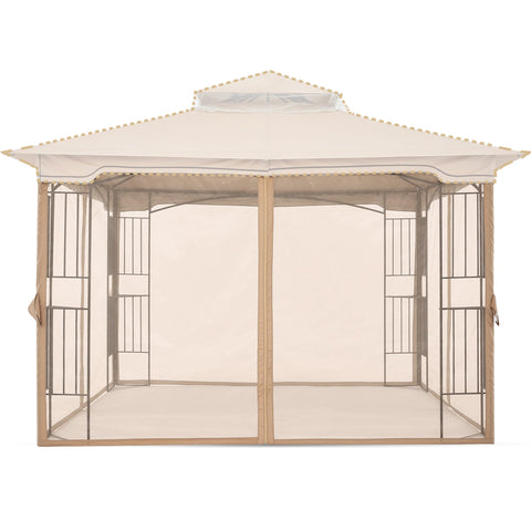 MasterCanopy patio gazebo mosquito netting wall in beige keeps bugs out during outdoor lounging.