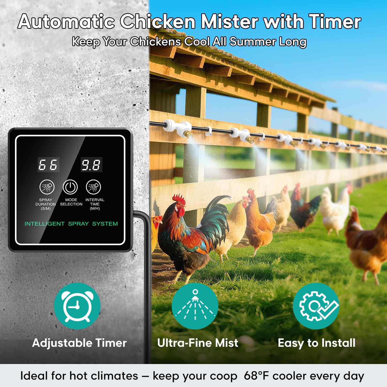 MASTERFUN 32ft misting system extending cooling around coop and yard