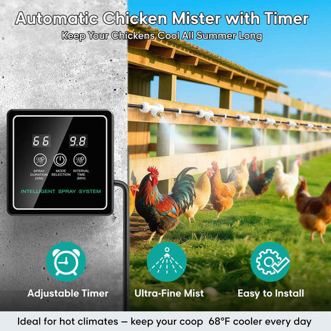 MASTERFUN 32ft misting system extending cooling around coop and yard