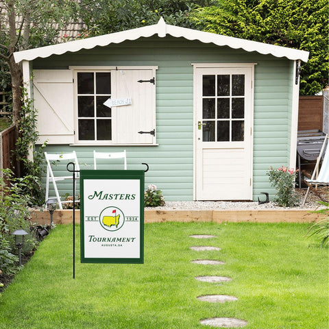 Masters Garden Flag decorates courtyard and garden with charming detail