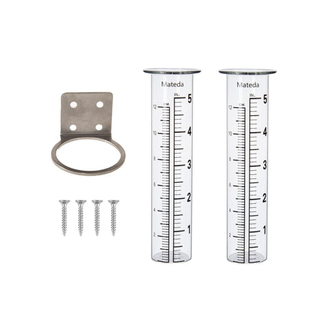 Mateda 5-inch rain gauge shows capacity for yard rainfall measurement.