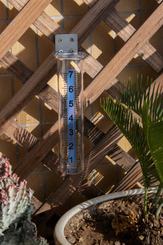 Mateda rain gauge showing a 7 inch capacity measurement