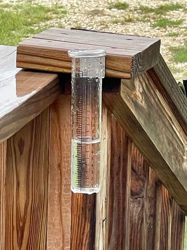 Mateda rain gauge hanging in wind offers clear rainfall data.