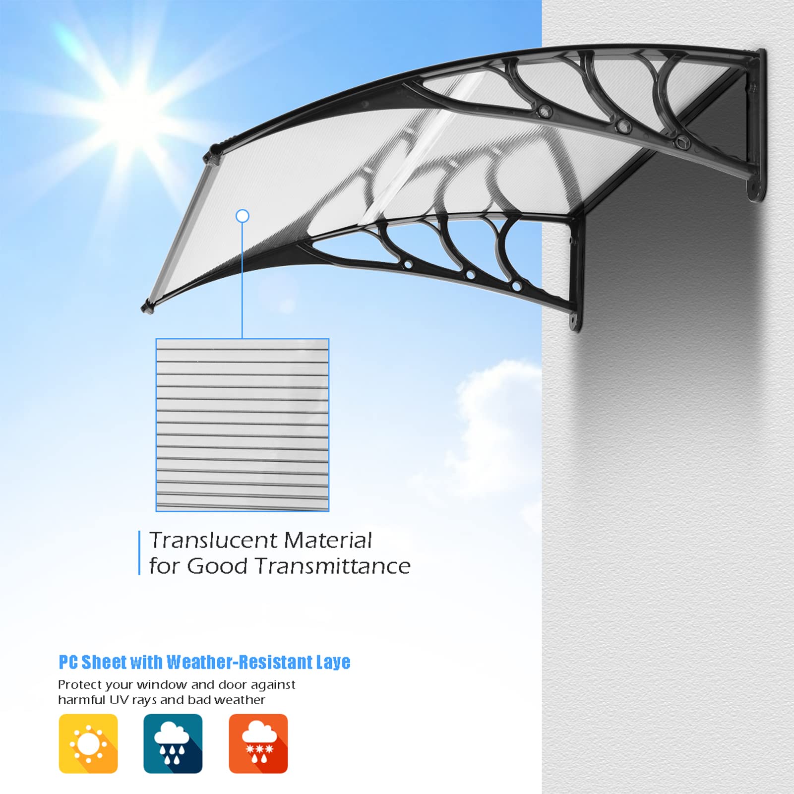 MATICO outdoor awning side view showing wind and rain protection for entry