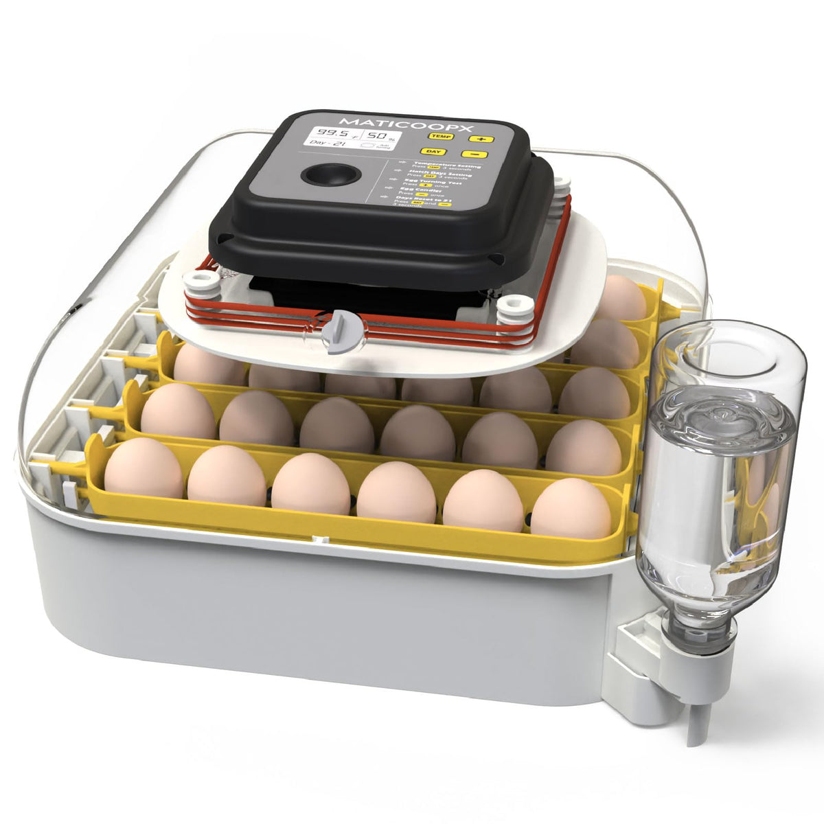 MATICOOPX 30-egg incubator with humidity display for stable egg environment.