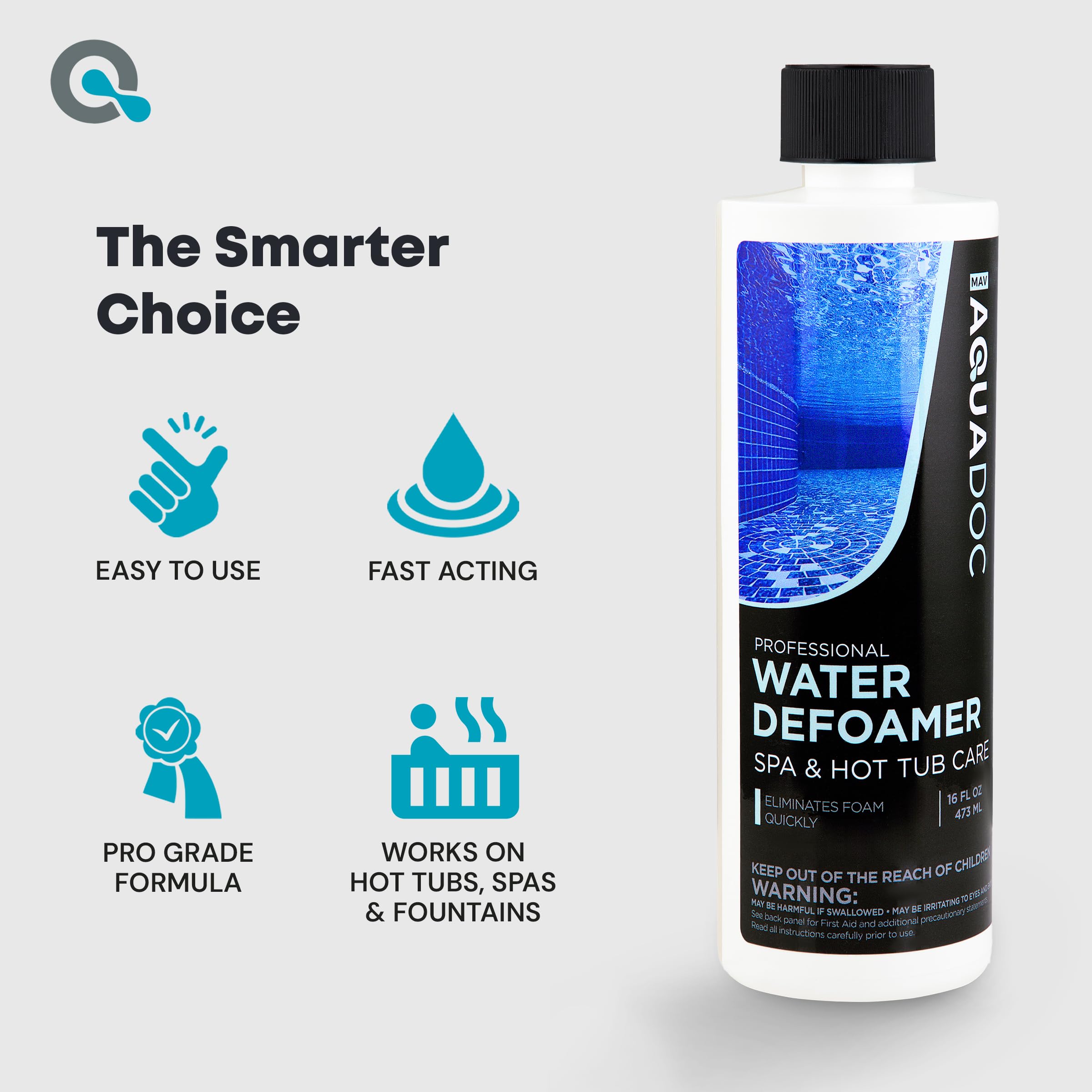 MAV AquaDoc 16oz bottle beside spa equipment