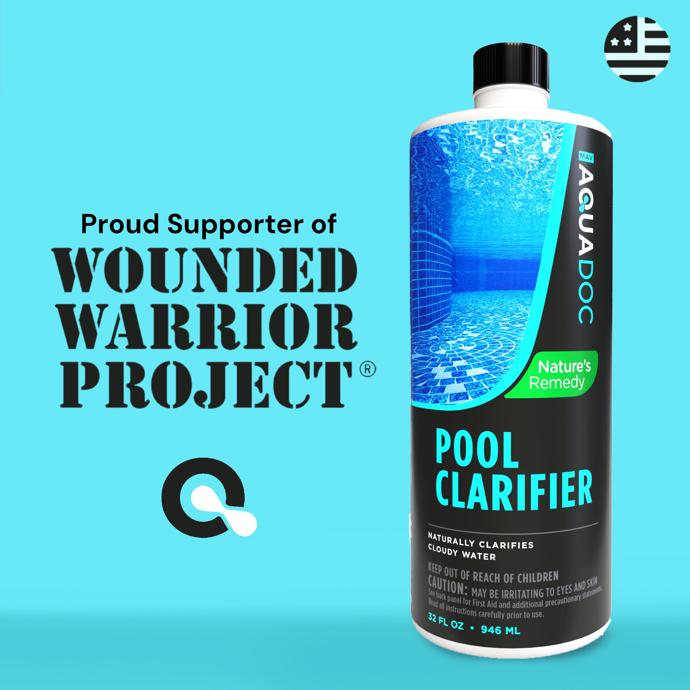 32oz bottle of MAV AquaDoc clarifier with simple dosing directions