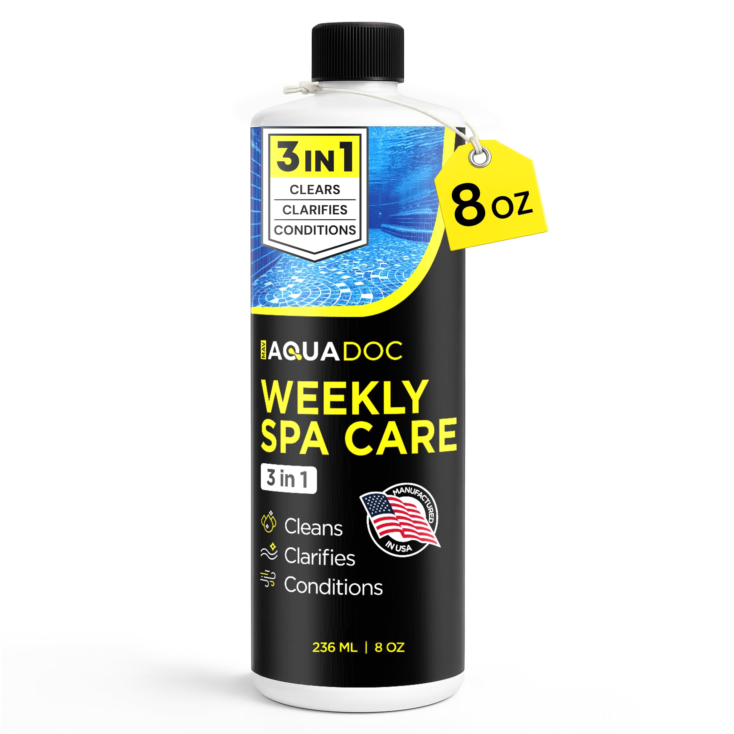 MAV AquaDoc 3 in 1 hot tub weekly care bottle for clearer water and easier maintenance.