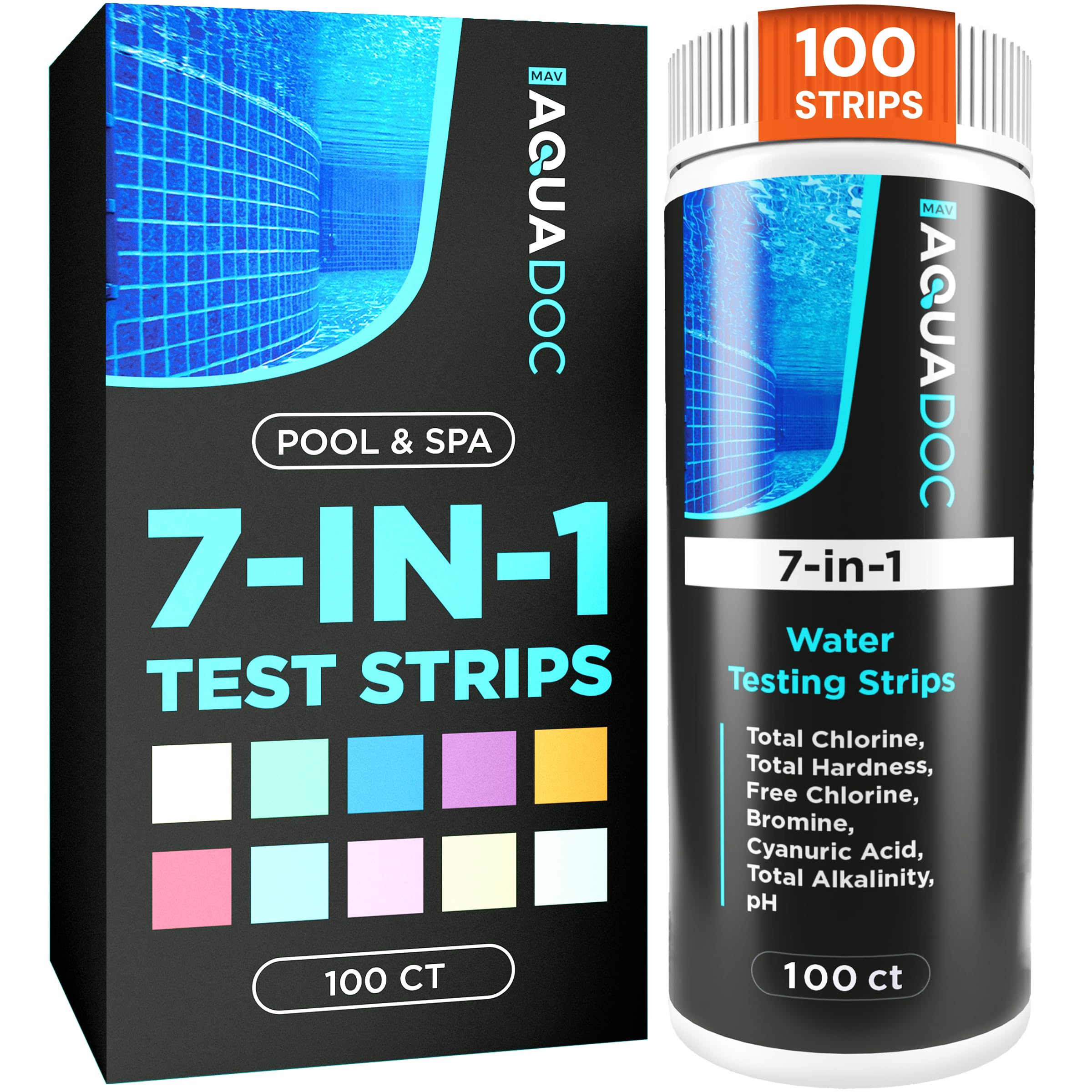 MAV AquaDoc 7-in-1 spa test strip pack with color chart for quick balance checks