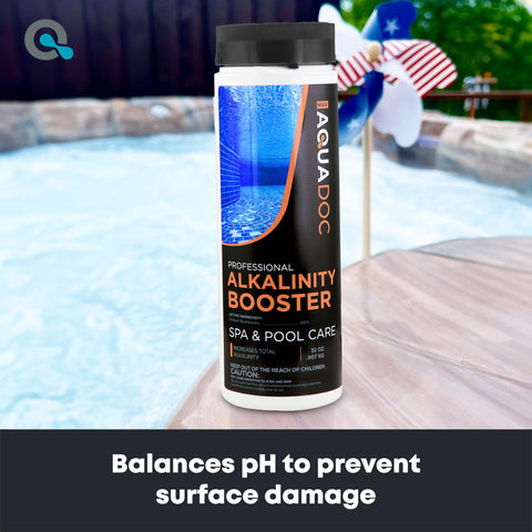 AquaDoc alkalinity booster dosage pour supports quick spa pH stabilization.