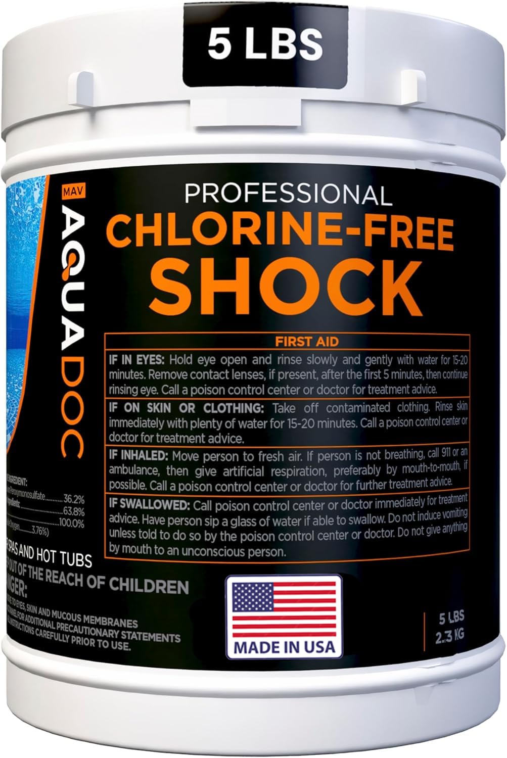 MAV AquaDoc Aquadoc non-chlorine spa shock front bottle helps boost sanitizer efficiency.