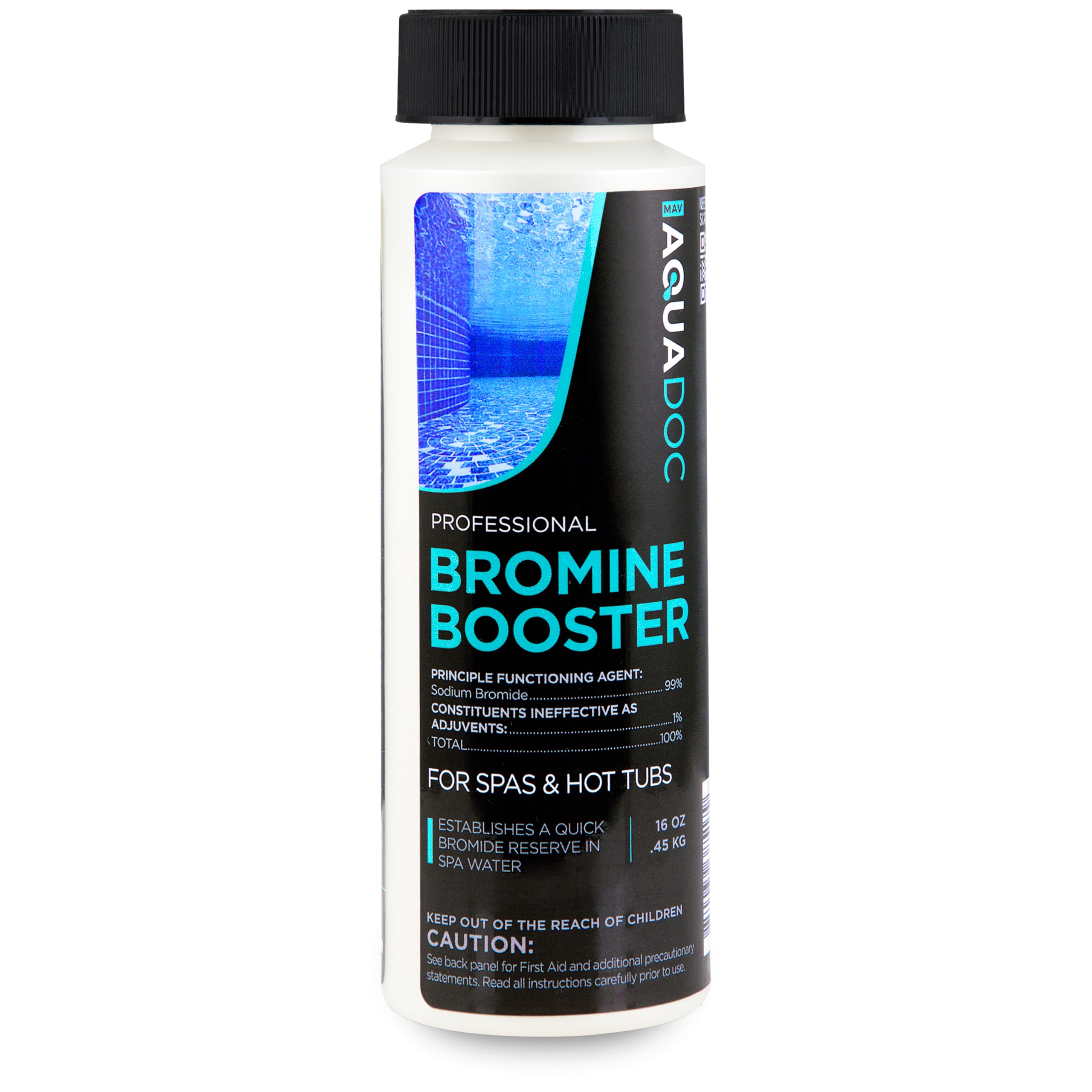 AquaDoc Bromine Booster bottle on spa shelf ready for bromide reserve.