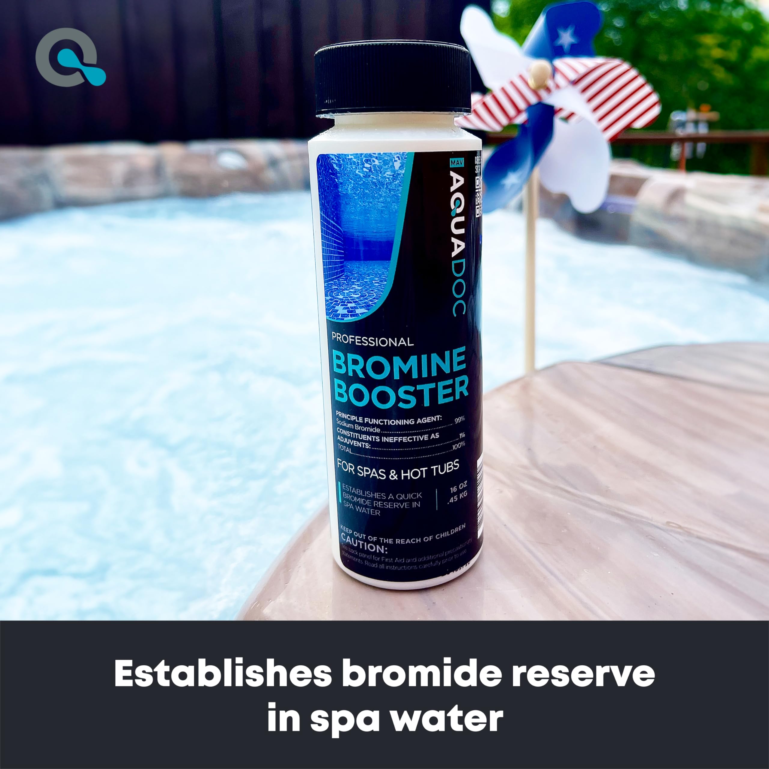 Close-up of AquaDoc Bromine Booster label showing USA-made quality and compatibility.