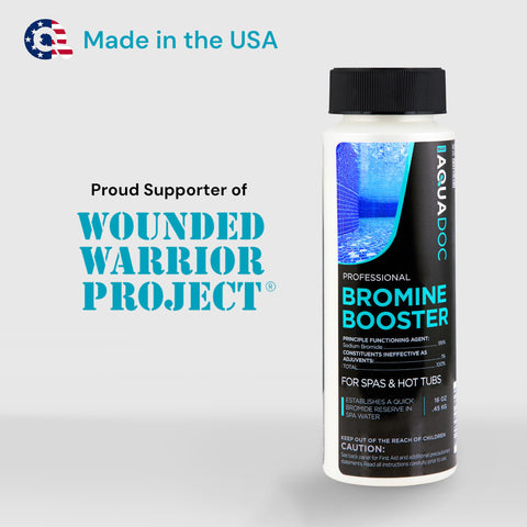 Packaging of AquaDoc Bromine Booster emphasizes USA-made reliability.
