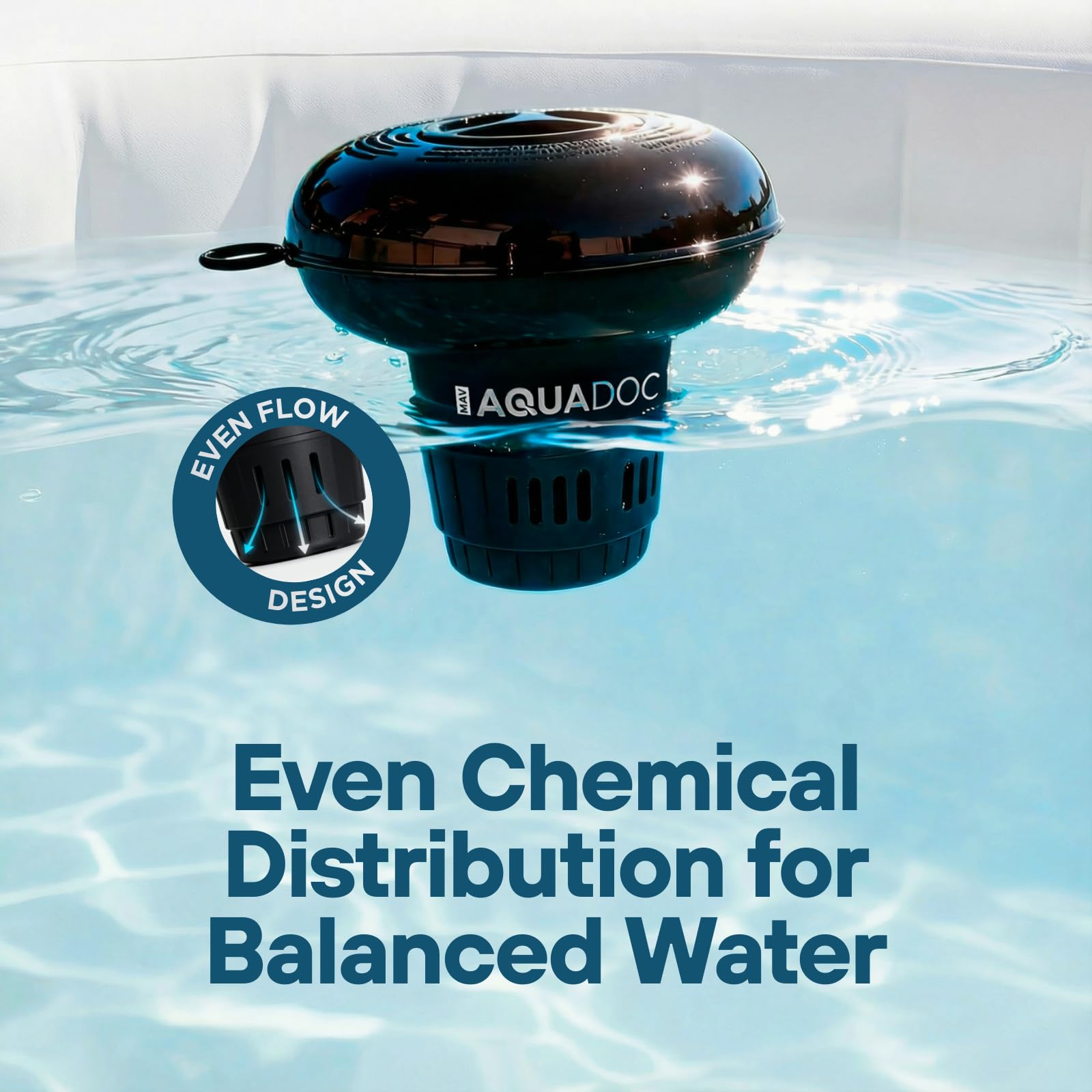 Water surface with MAV AquaDoc floating beside an inflatable spa